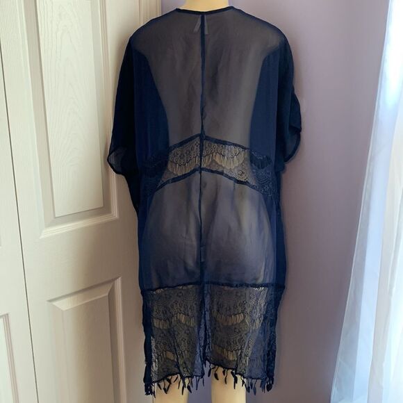Designer Swimwear Lace Trim Cover-up Kimono Wrap M Navy - Picture 6 of 10